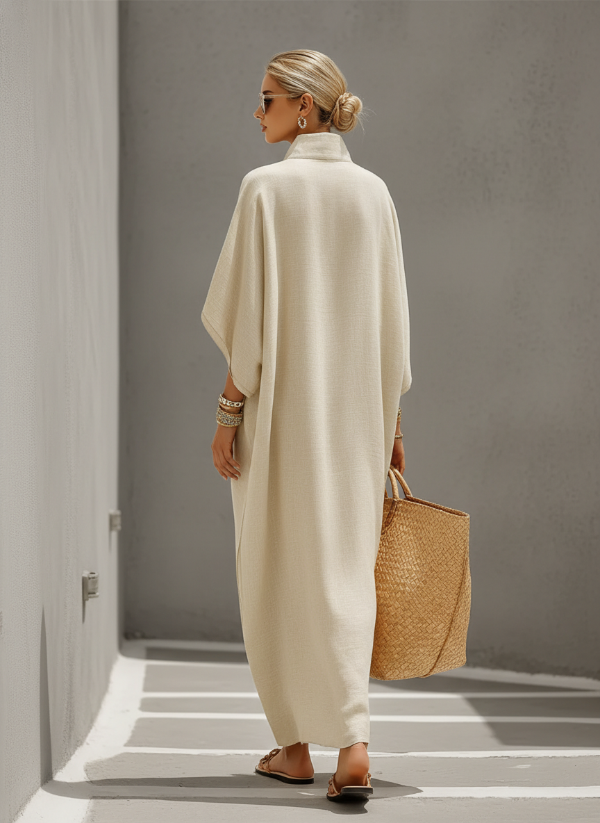 Celia | Oatmeal Linen Dress Mandarin
