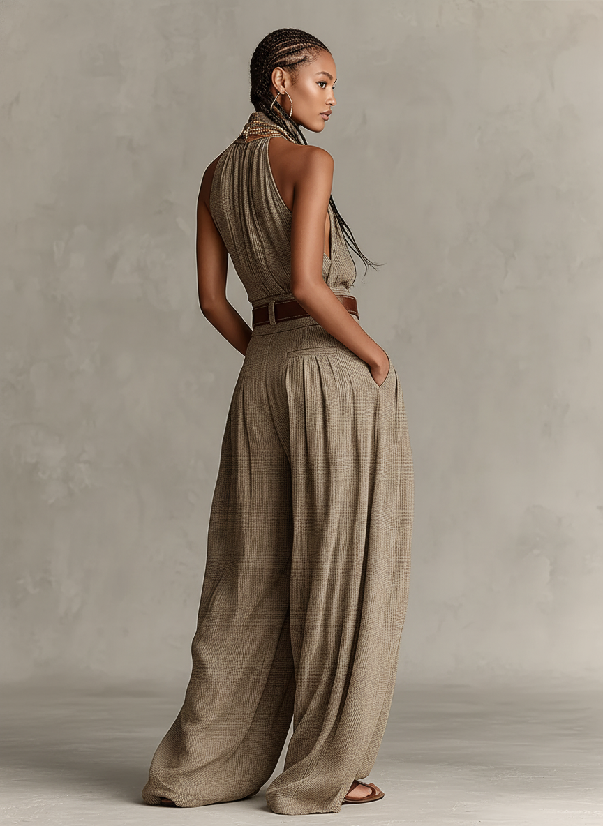 Bonnie | Taupe Cotton-Blend Jumpsuit Halter