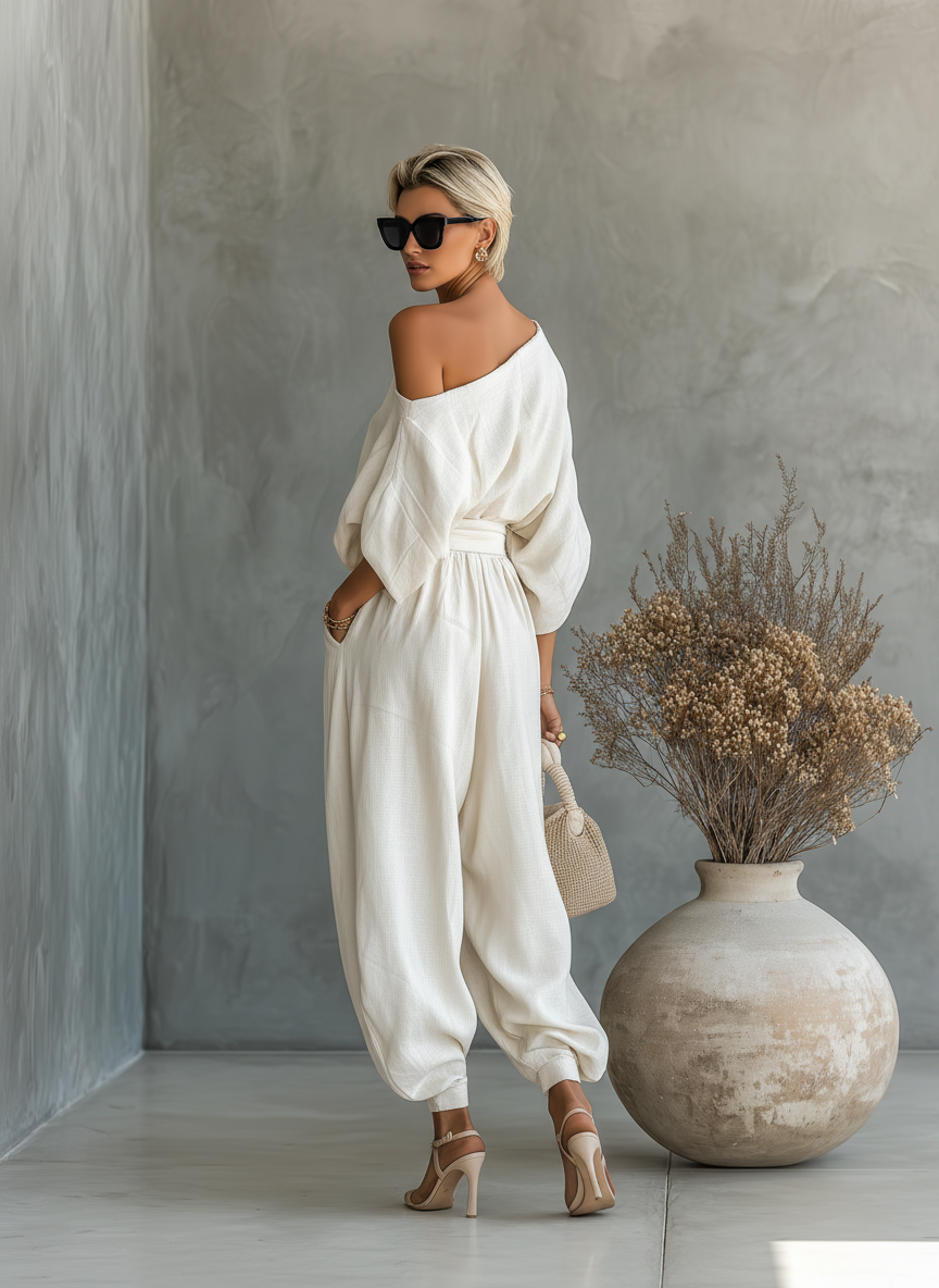 Alana | Off-white Linen Off-shoulder Loose