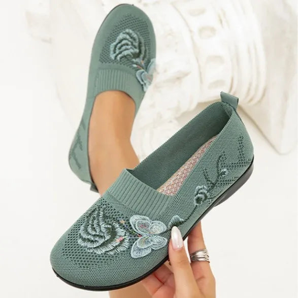 Eleanor | Embroidered Floral Knit Flats