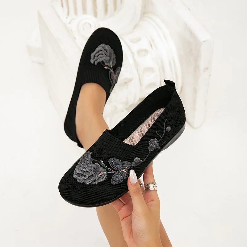 Eleanor | Embroidered Floral Knit Flats