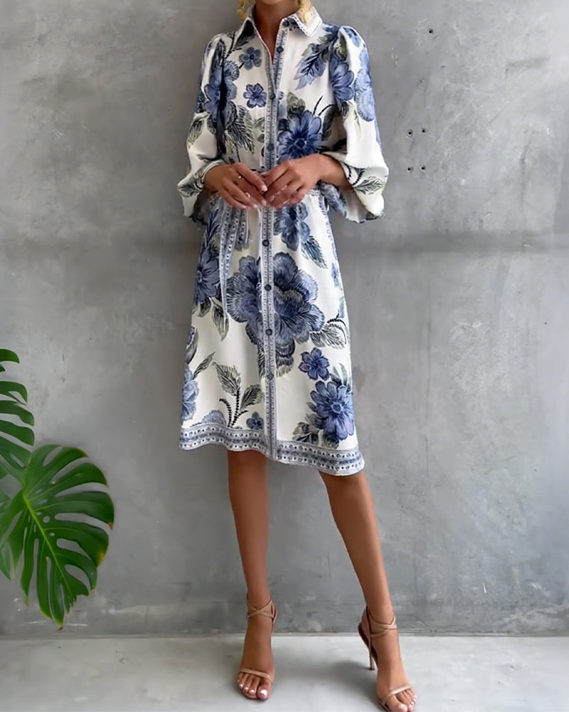 Printed Lantern Sleeve Dress with Notched Collar
