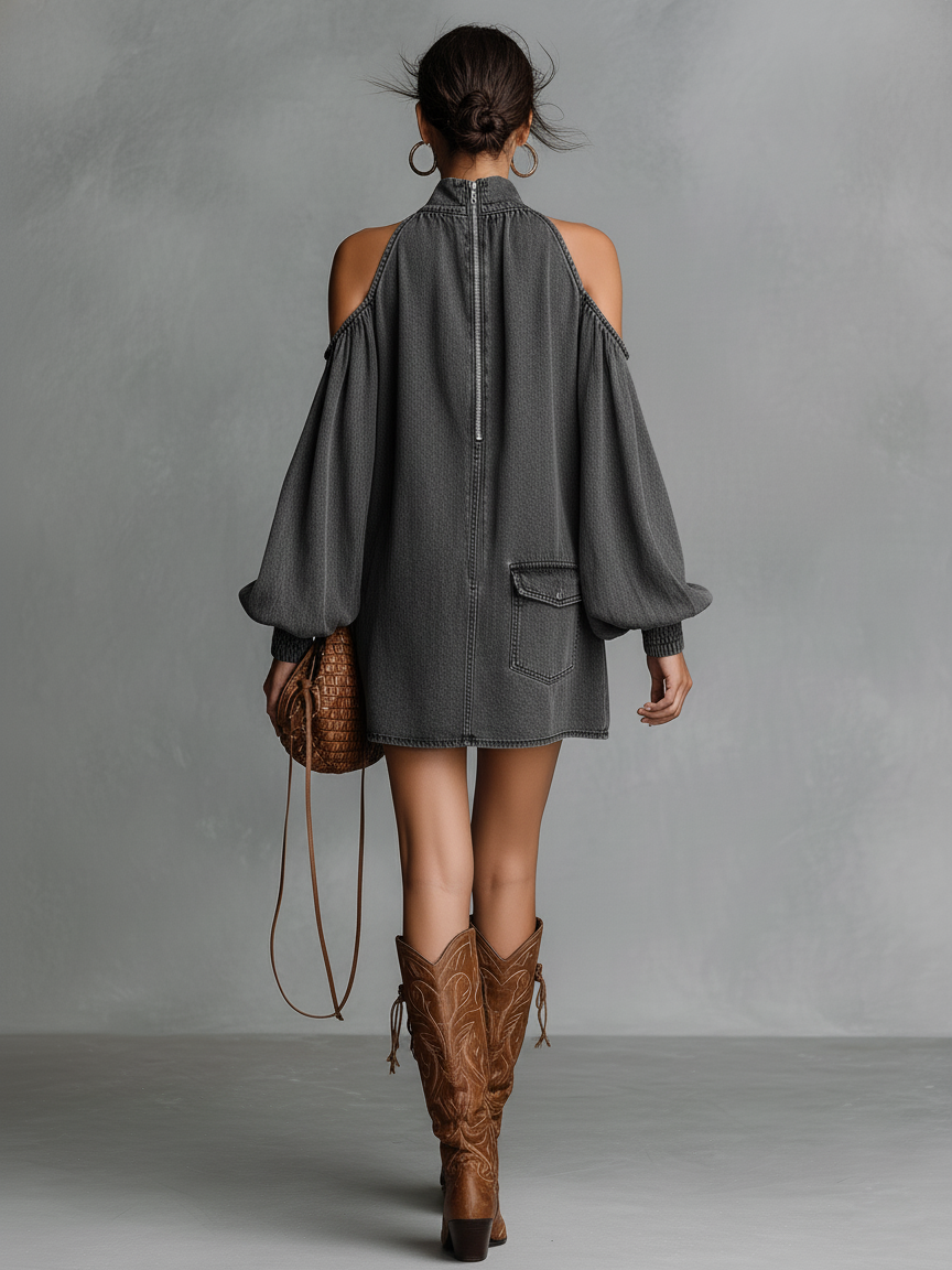Mimi | Washed Denim Off--shoulder Mini