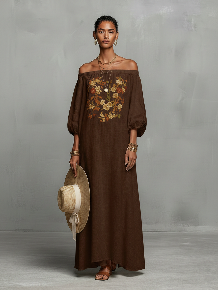 Iris | Off--shoulder Three-quarter Sleeve Embroidered