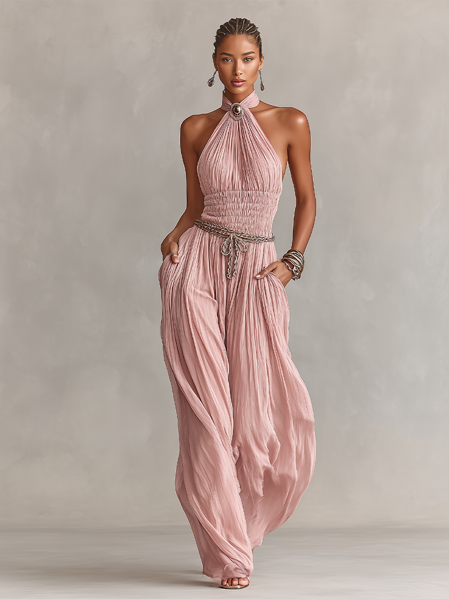 Isla | Blush Pleated Jumpsuit Halter