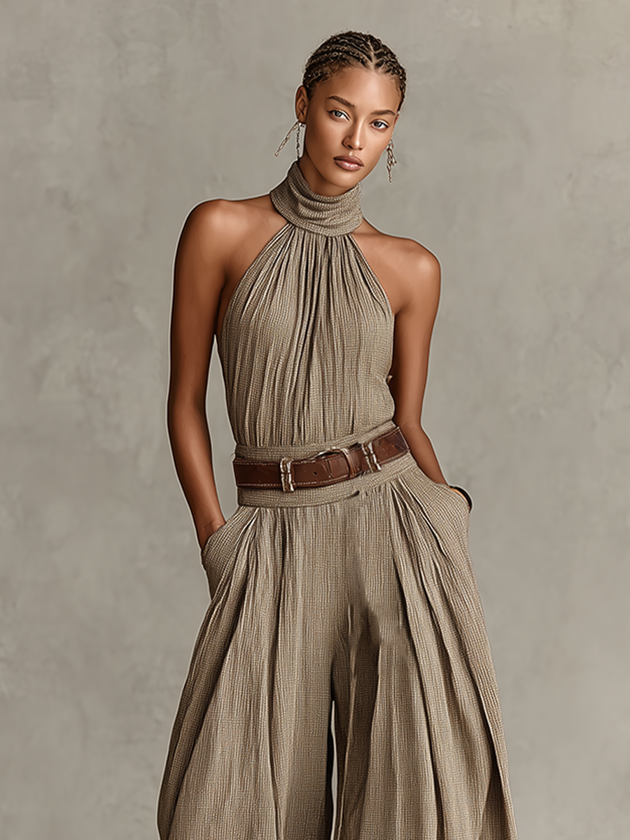 Bonnie | Taupe Cotton-Blend Jumpsuit Halter