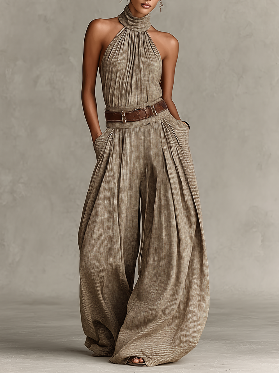 Bonnie | Taupe Cotton-Blend Jumpsuit Halter