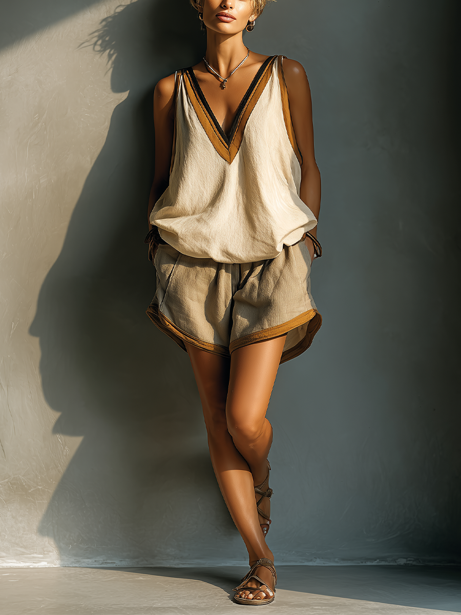 Clare | Beige Linen-Blend Contrast Trim