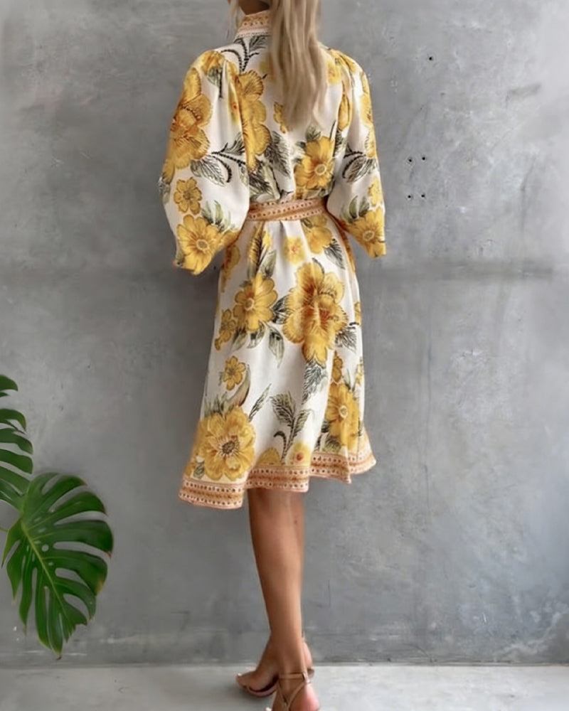 Printed Lantern Sleeve Dress with Notched Collar