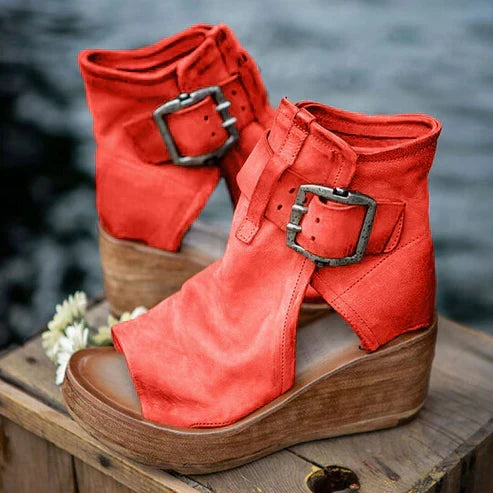 Rue | Open Toe Buckle Ankle Boots
