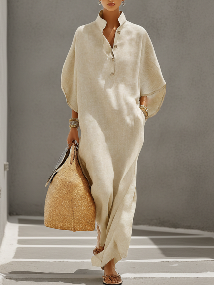 Celia | Oatmeal Linen Dress Mandarin