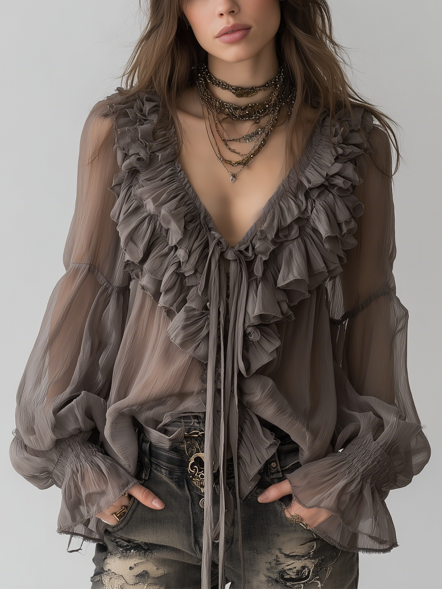 Yvette | Grey Bohemian Ruffled Shirt