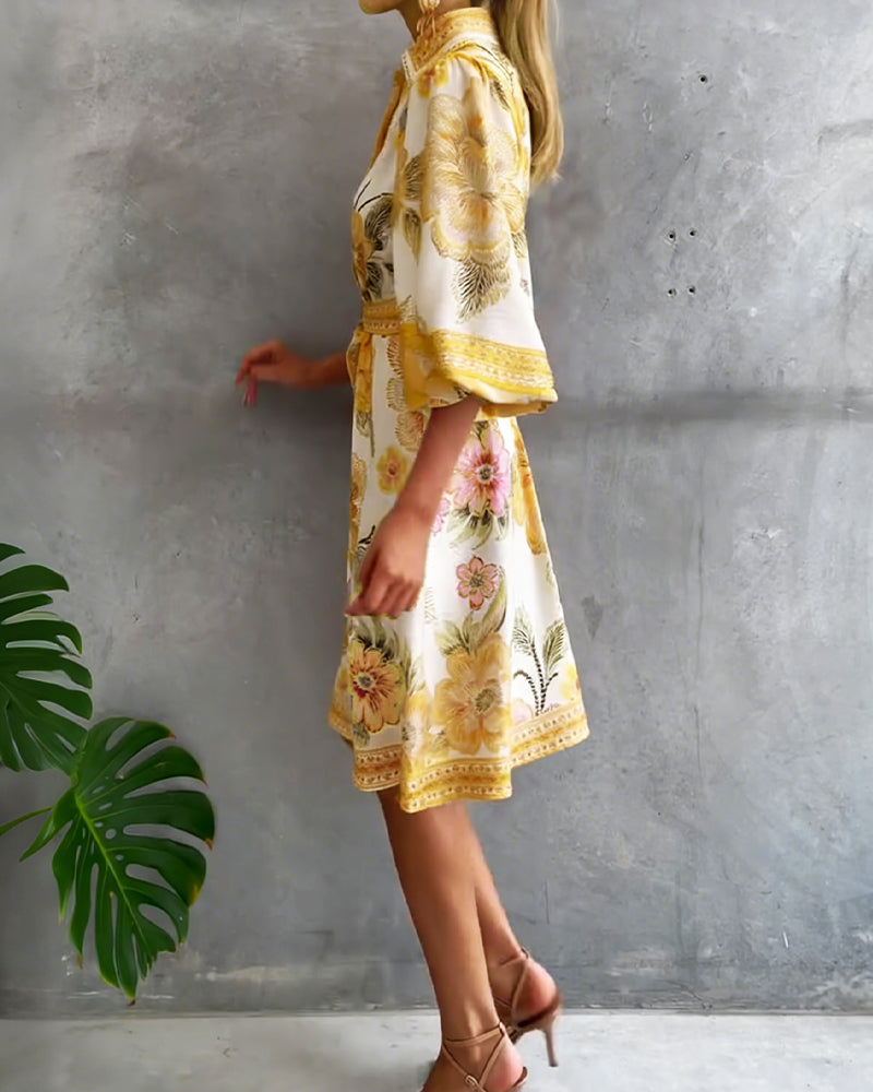 Printed Lantern Sleeve Dress with Notched Collar