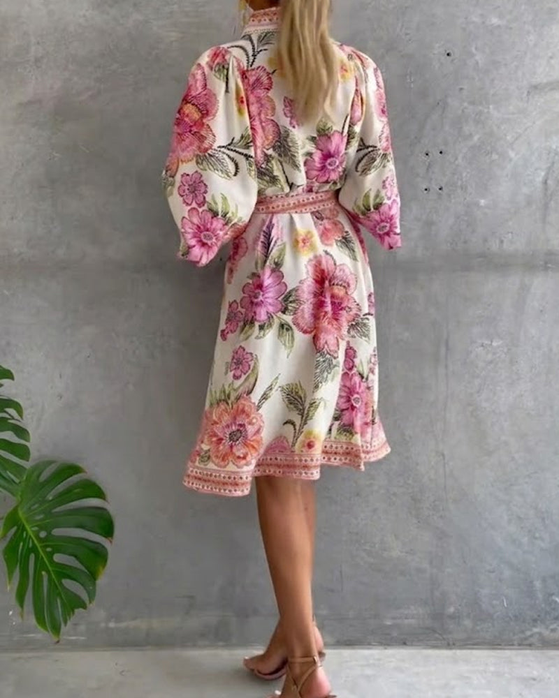 Printed Lantern Sleeve Dress with Notched Collar