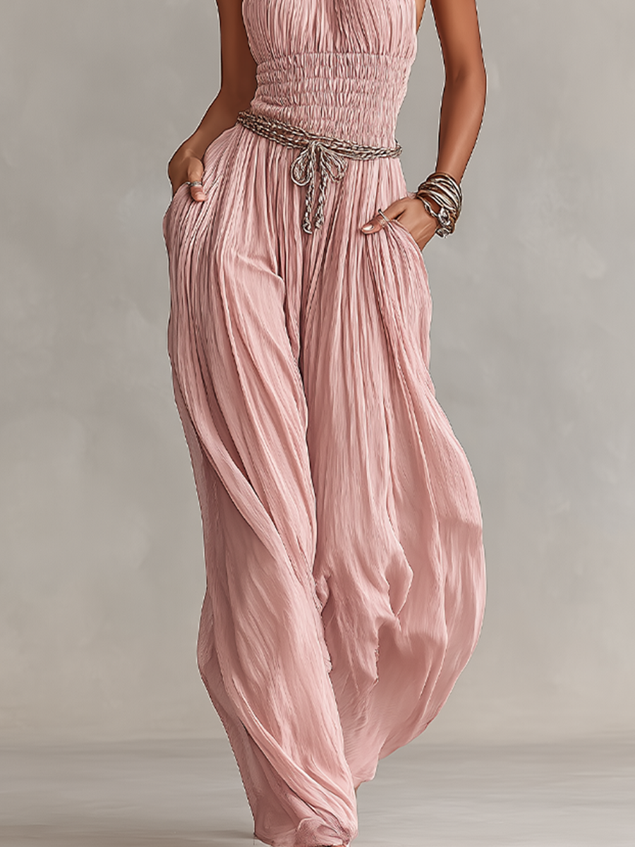 Isla | Blush Pleated Jumpsuit Halter