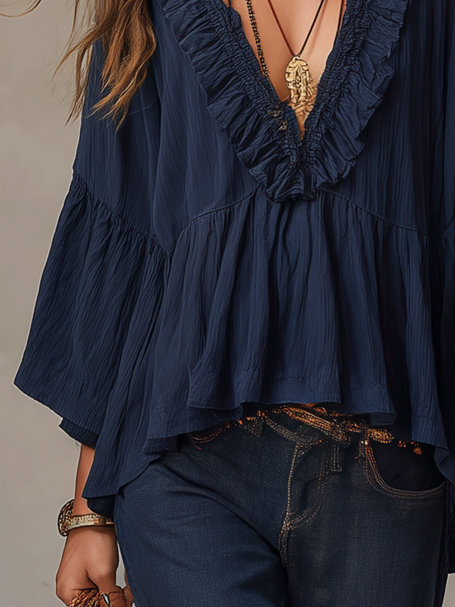 Ximena | Effortless Deep Blue Ruffle Boho Blouse