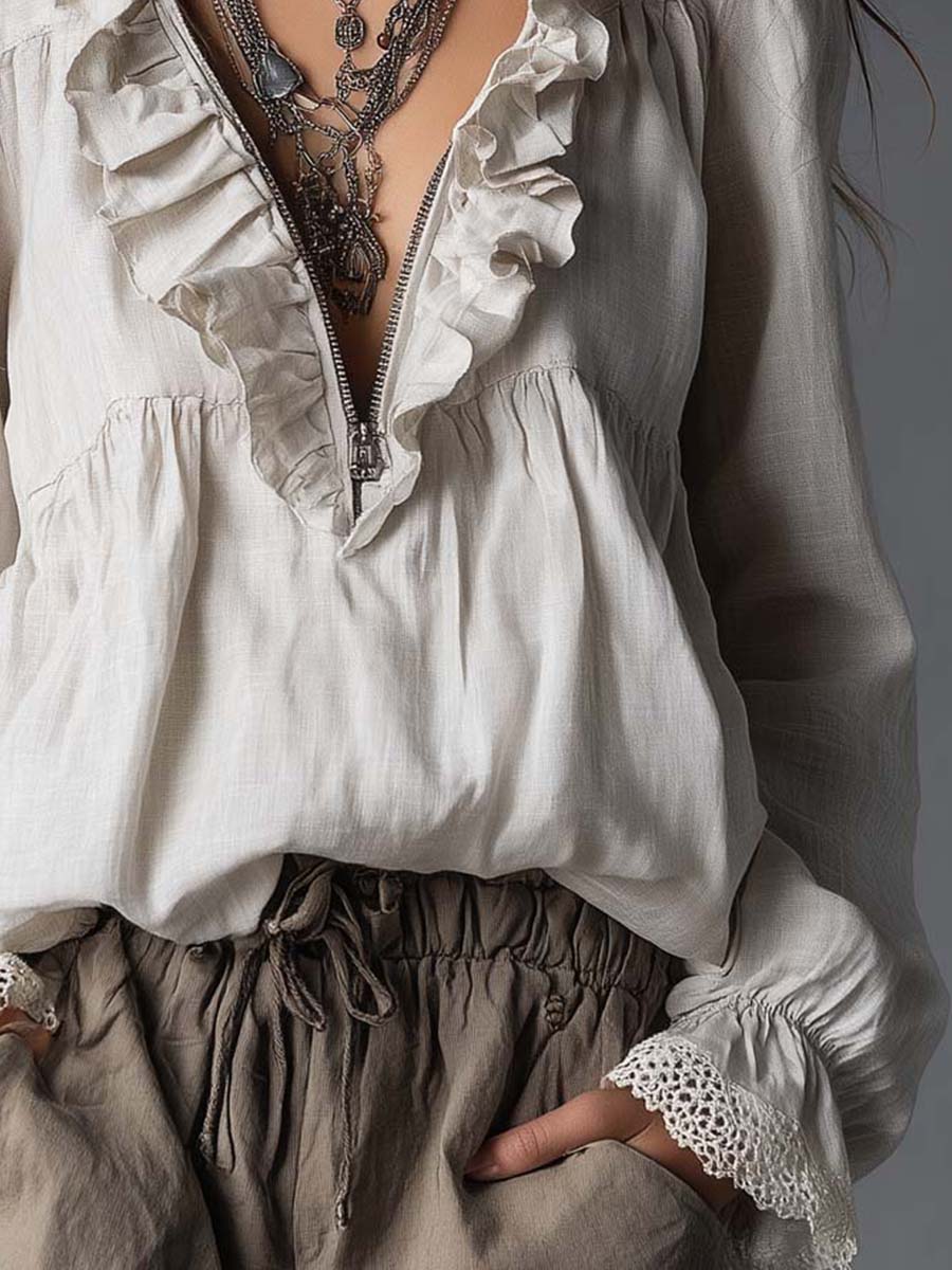 Juliet | Effortless Zip-up Collar Ruffled Cotton Linen