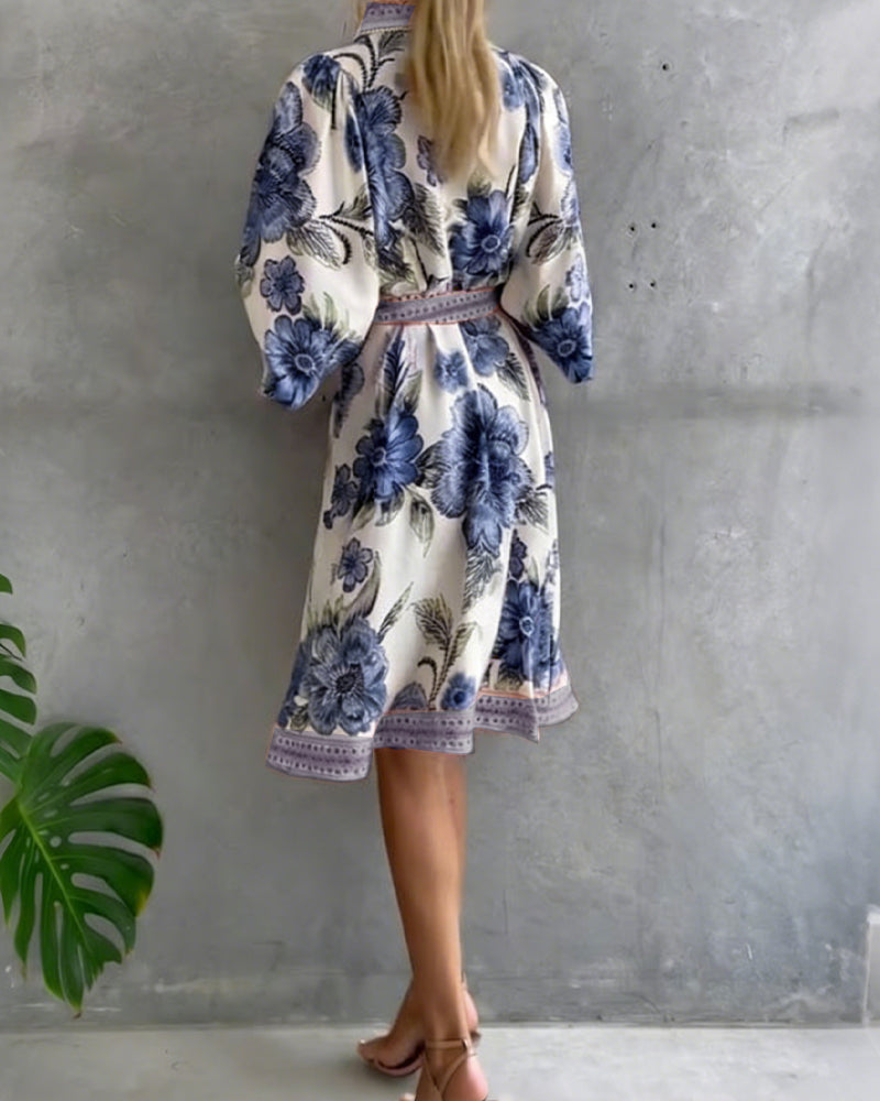Printed Lantern Sleeve Dress with Notched Collar