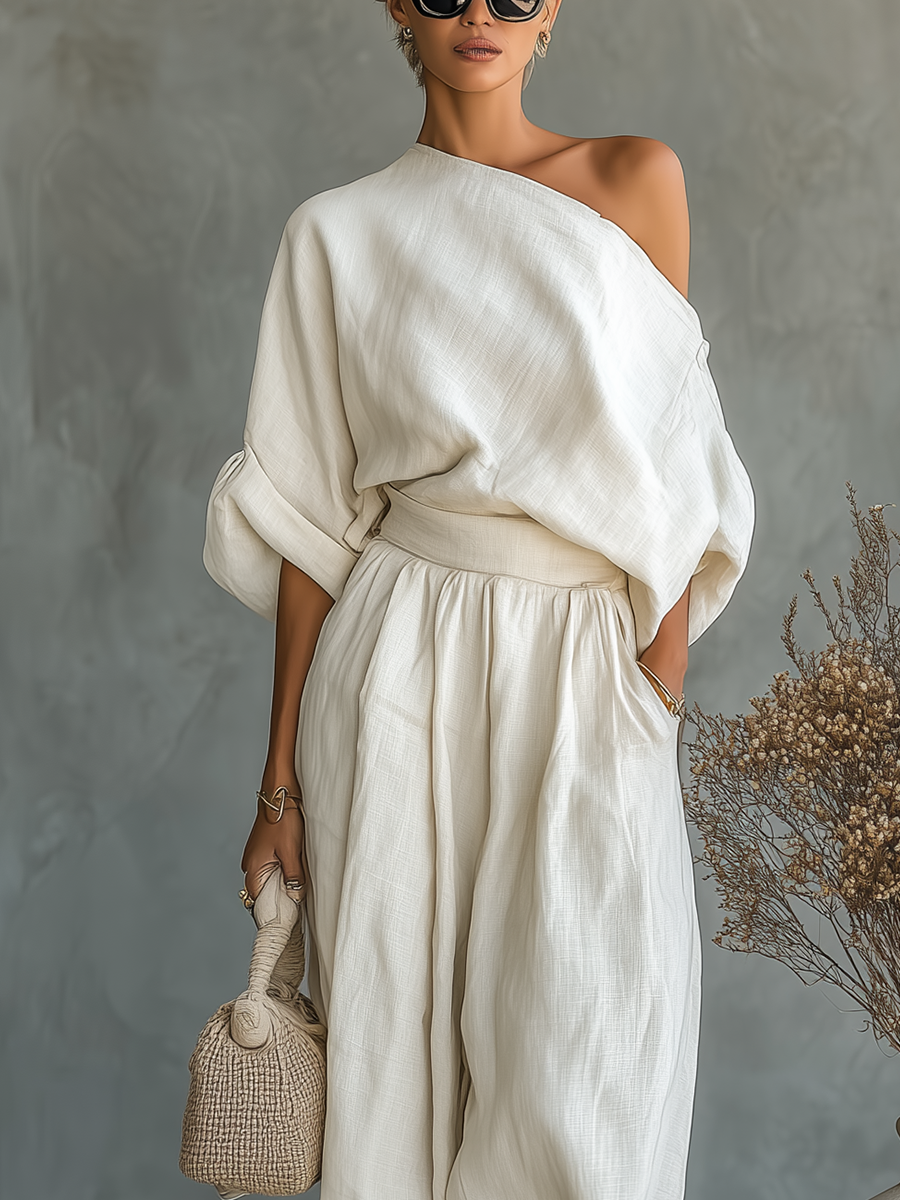 Alana | Off-white Linen Off-shoulder Loose