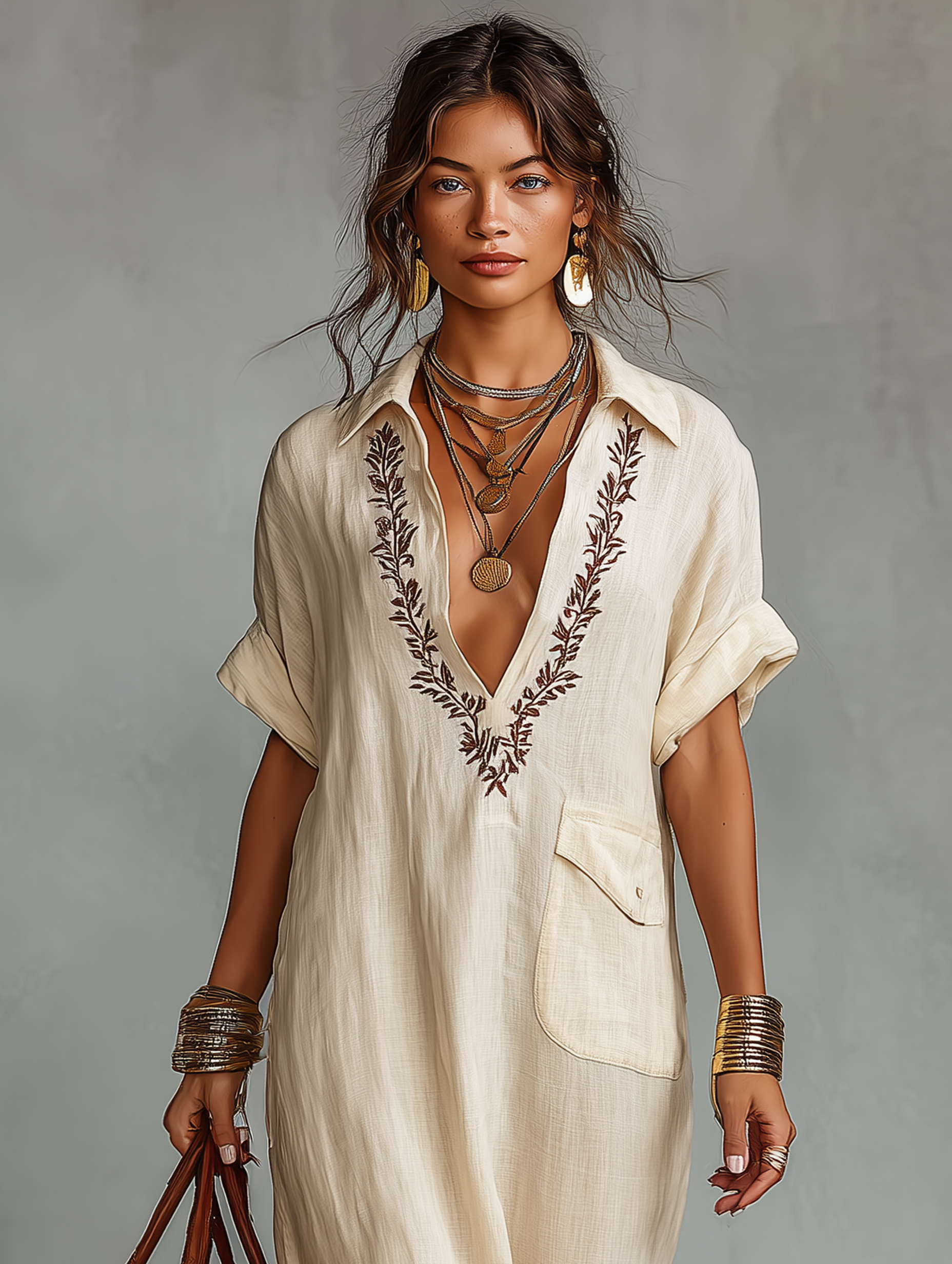 Diana | Linen Blend Embroidered Short-sleeved