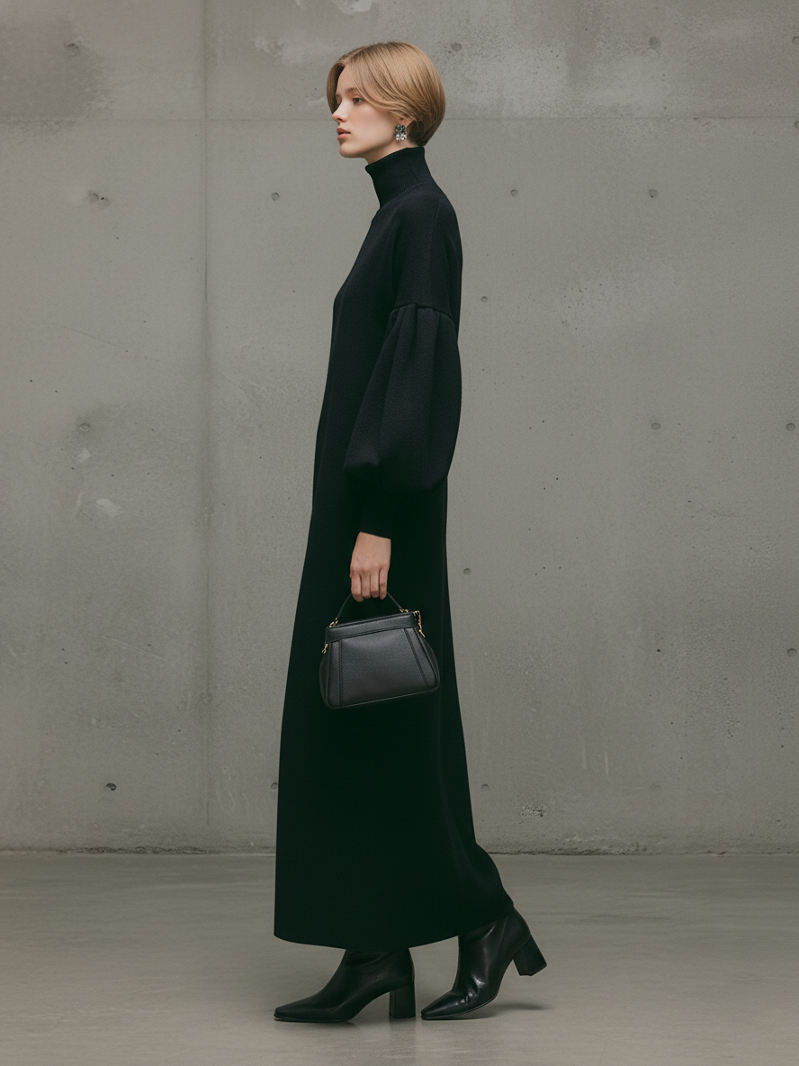 Marta | Modern Black Turtleneck Puff-Sleeve