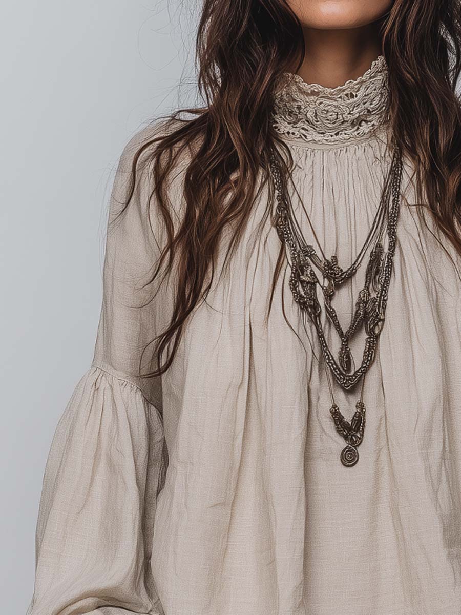Margaret | Lace-trimmed Pleated Cotton Linen Blouse