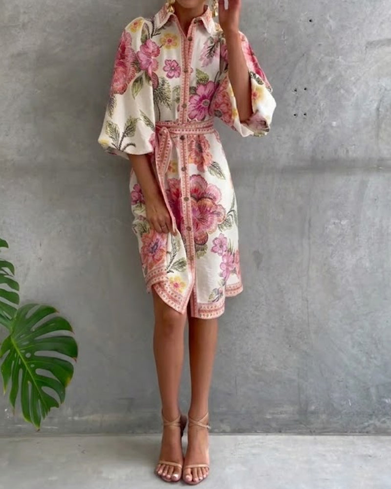 Printed Lantern Sleeve Dress with Notched Collar