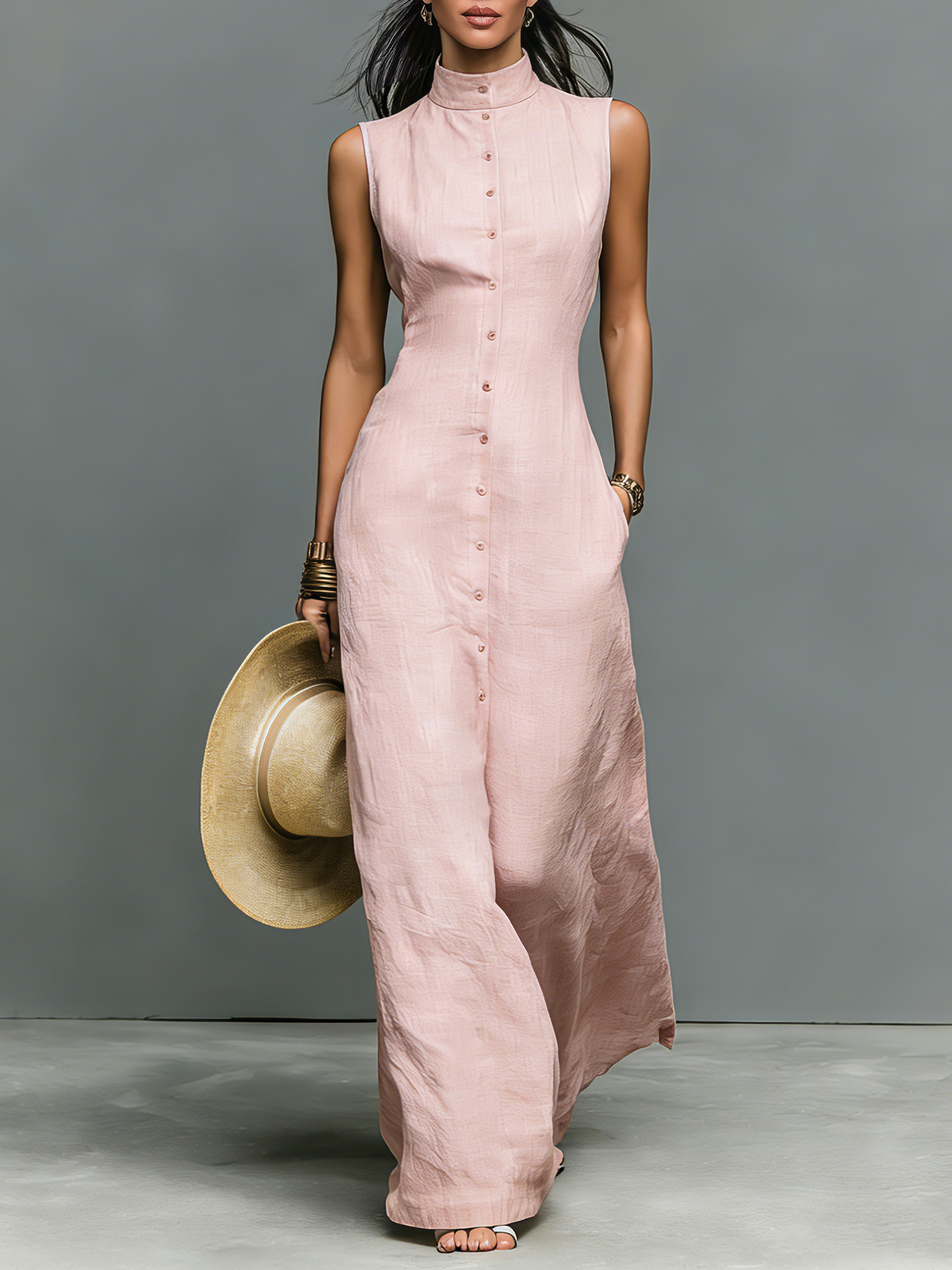 Bree | Linen-Blend Stand-Collar Single-Breasted Sleeveless