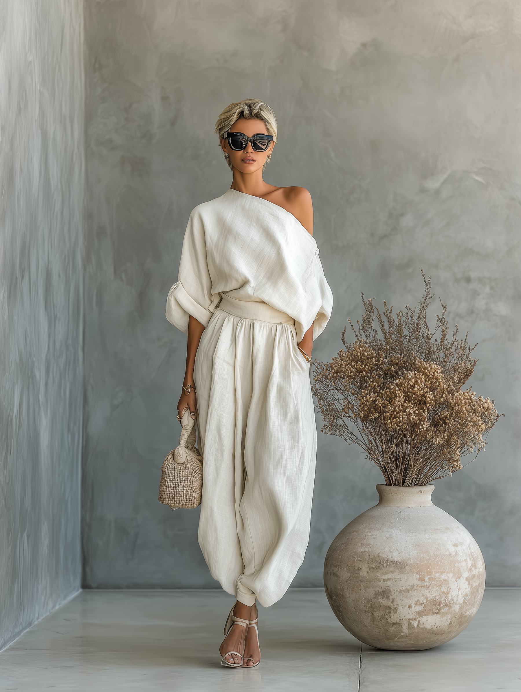 Alana | Off-white Linen Off-shoulder Loose
