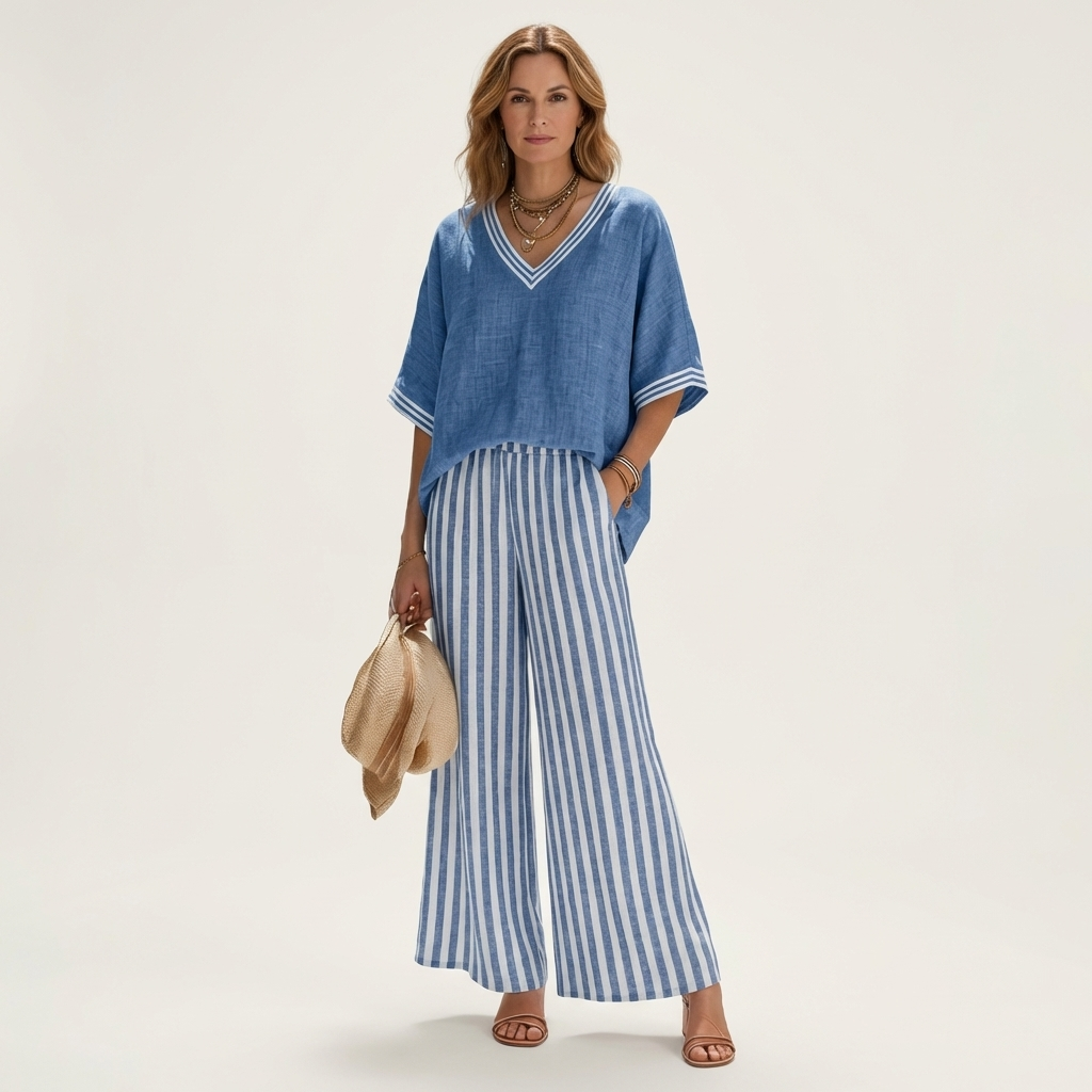 Juliana™ | V-Neck Varsity Top & Stripe Wide-Leg Set