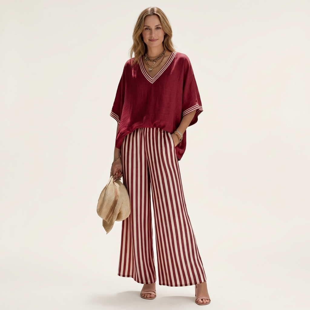 Juliana™ | V-Neck Varsity Top & Stripe Wide-Leg Set