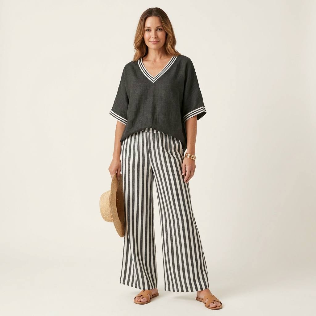 Juliana™ | V-Neck Varsity Top & Stripe Wide-Leg Set