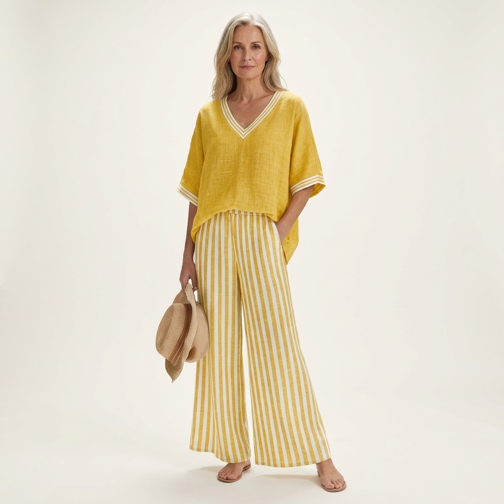 Juliana™ | V-Neck Varsity Top & Stripe Wide-Leg Set
