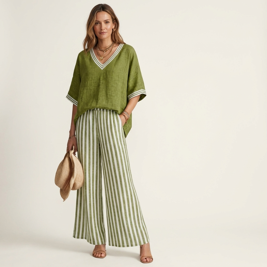 Juliana™ | V-Neck Varsity Top & Stripe Wide-Leg Set