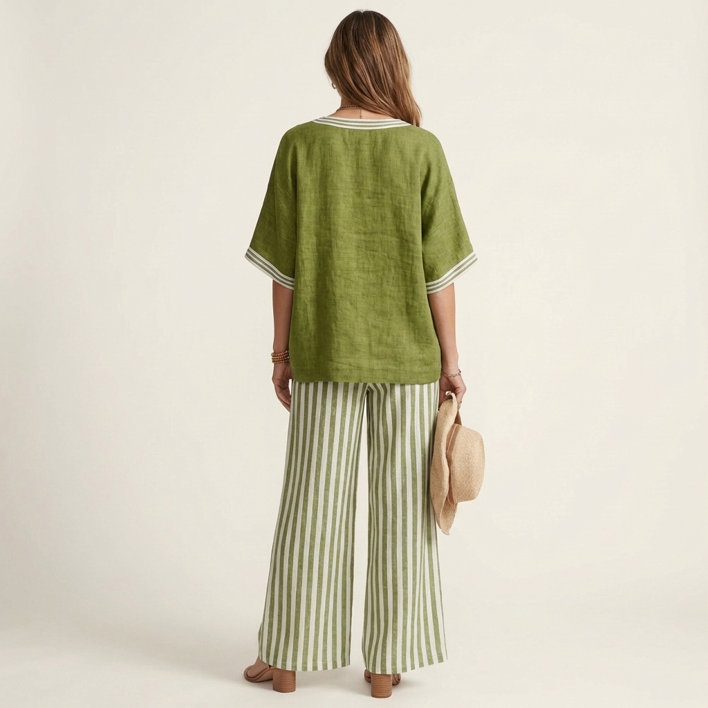 Juliana™ | V-Neck Varsity Top & Stripe Wide-Leg Set
