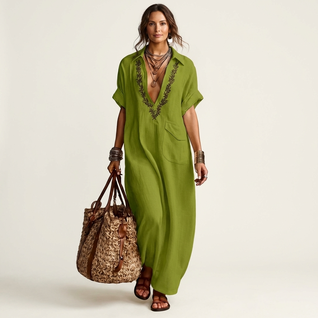 Amarina™ | Embroidered V-Neck Collar Linen Maxi Dress