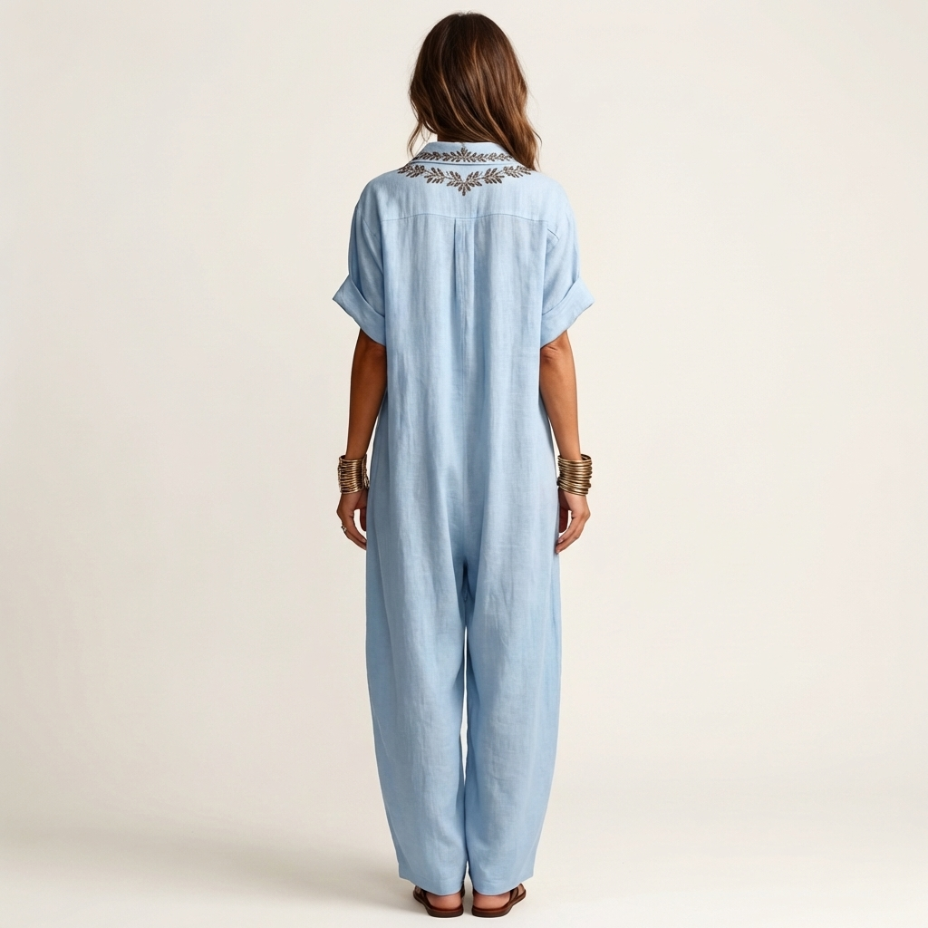 Amarina™ | Embroidered V-Neck Collar Linen Maxi Dress