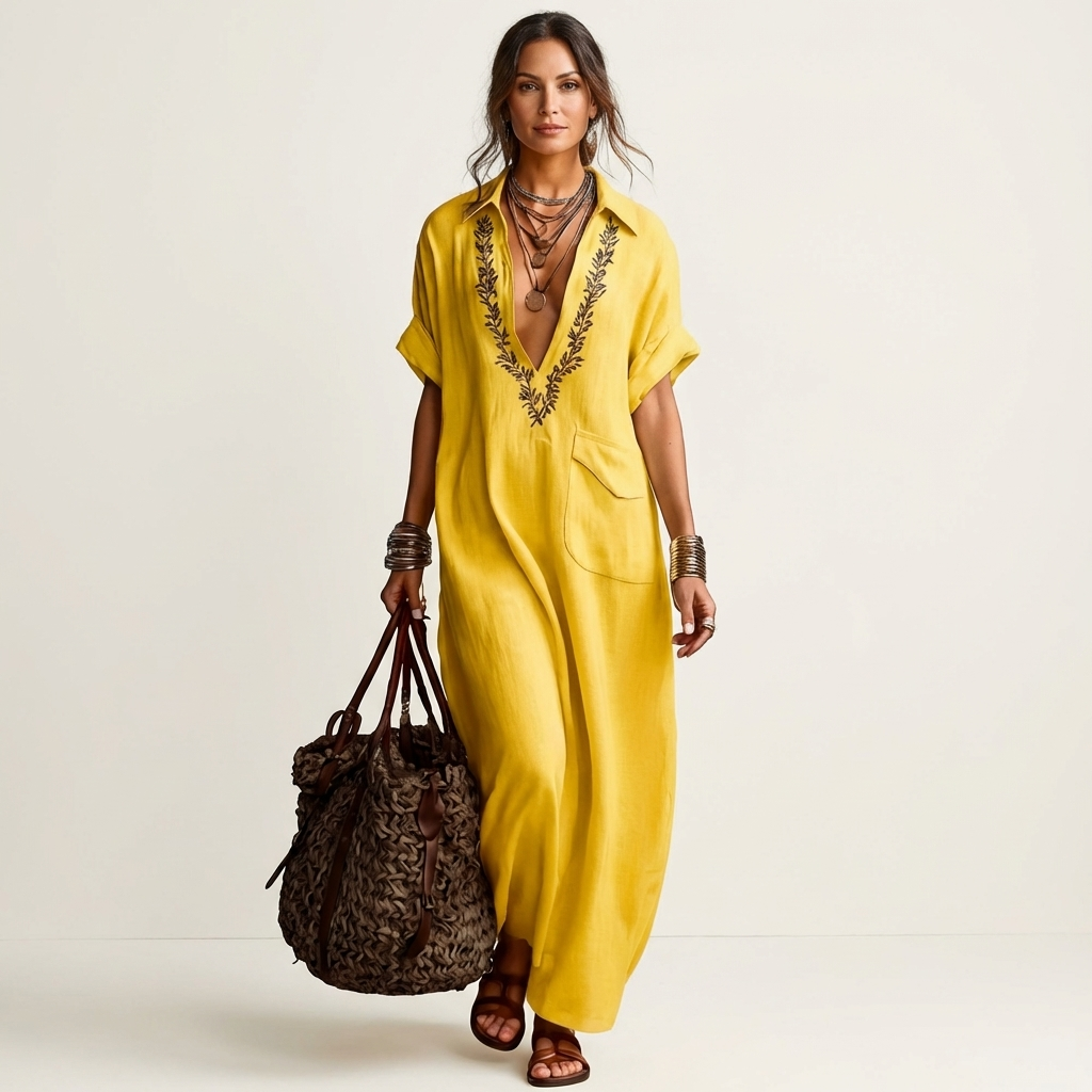 Amarina™ | Embroidered V-Neck Collar Linen Maxi Dress