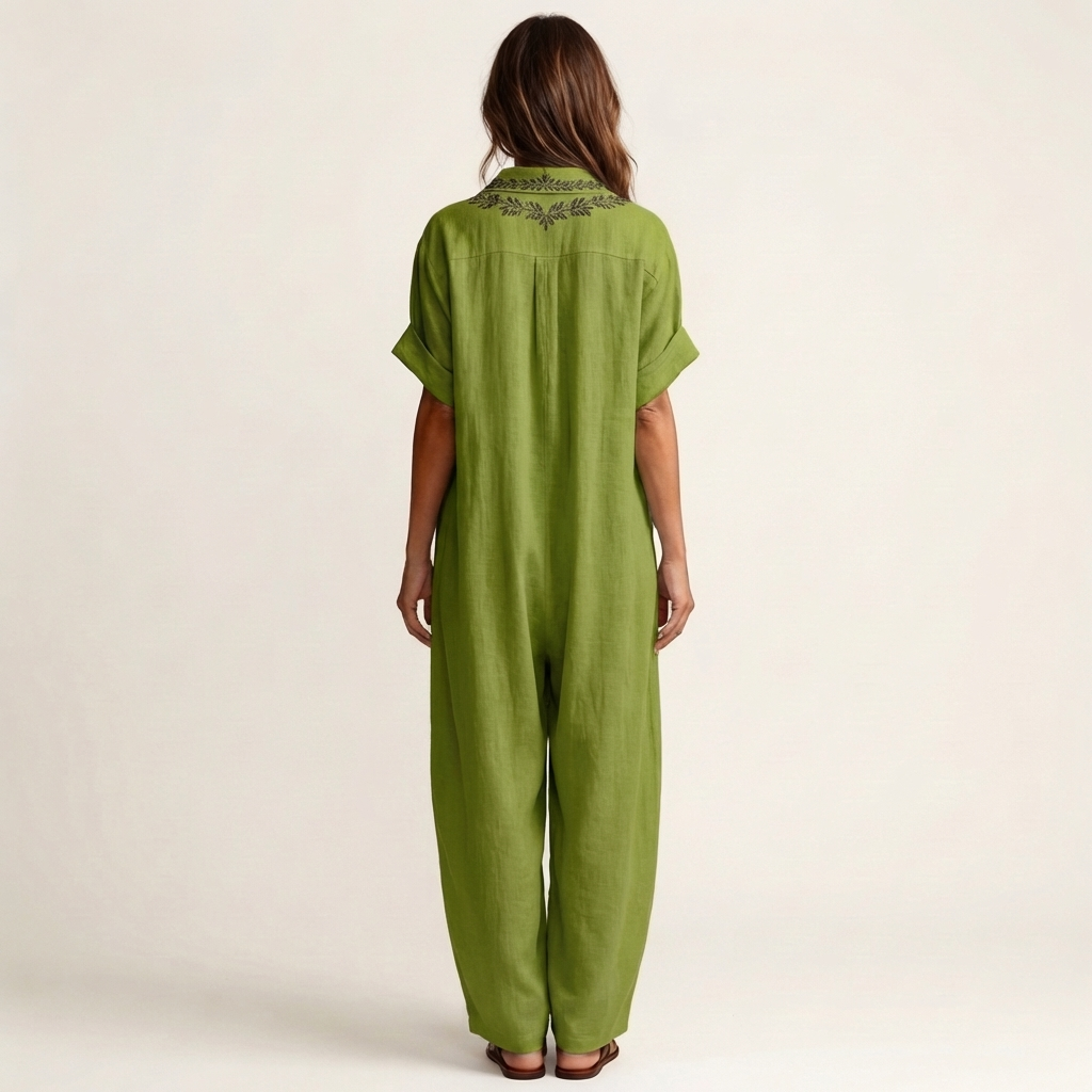 Amarina™ | Embroidered V-Neck Collar Linen Maxi Dress