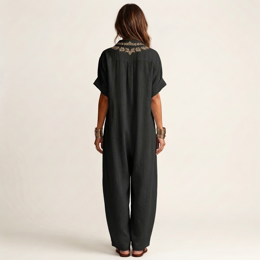 Amarina™ | Embroidered V-Neck Collar Linen Maxi Dress