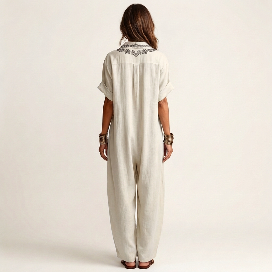 Amarina™ | Embroidered V-Neck Collar Linen Maxi Dress