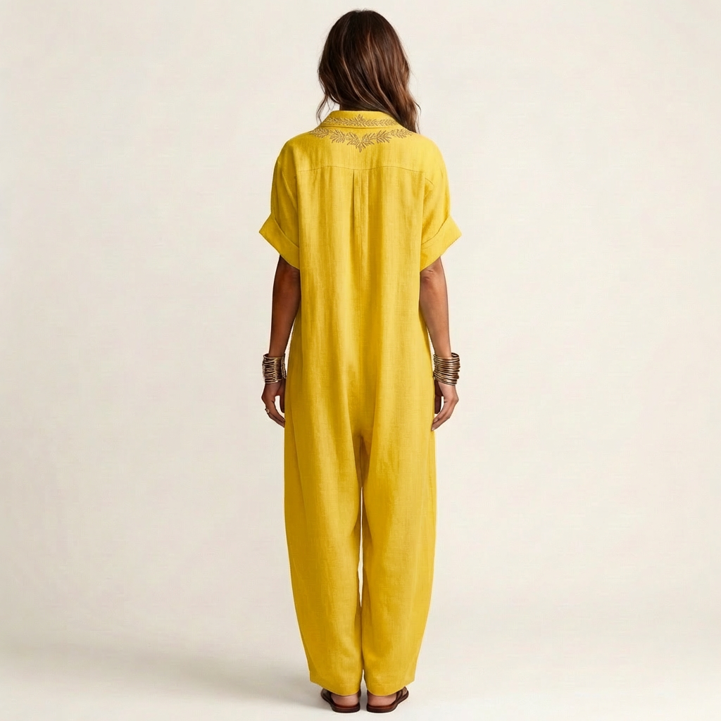 Amarina™ | Embroidered V-Neck Collar Linen Maxi Dress