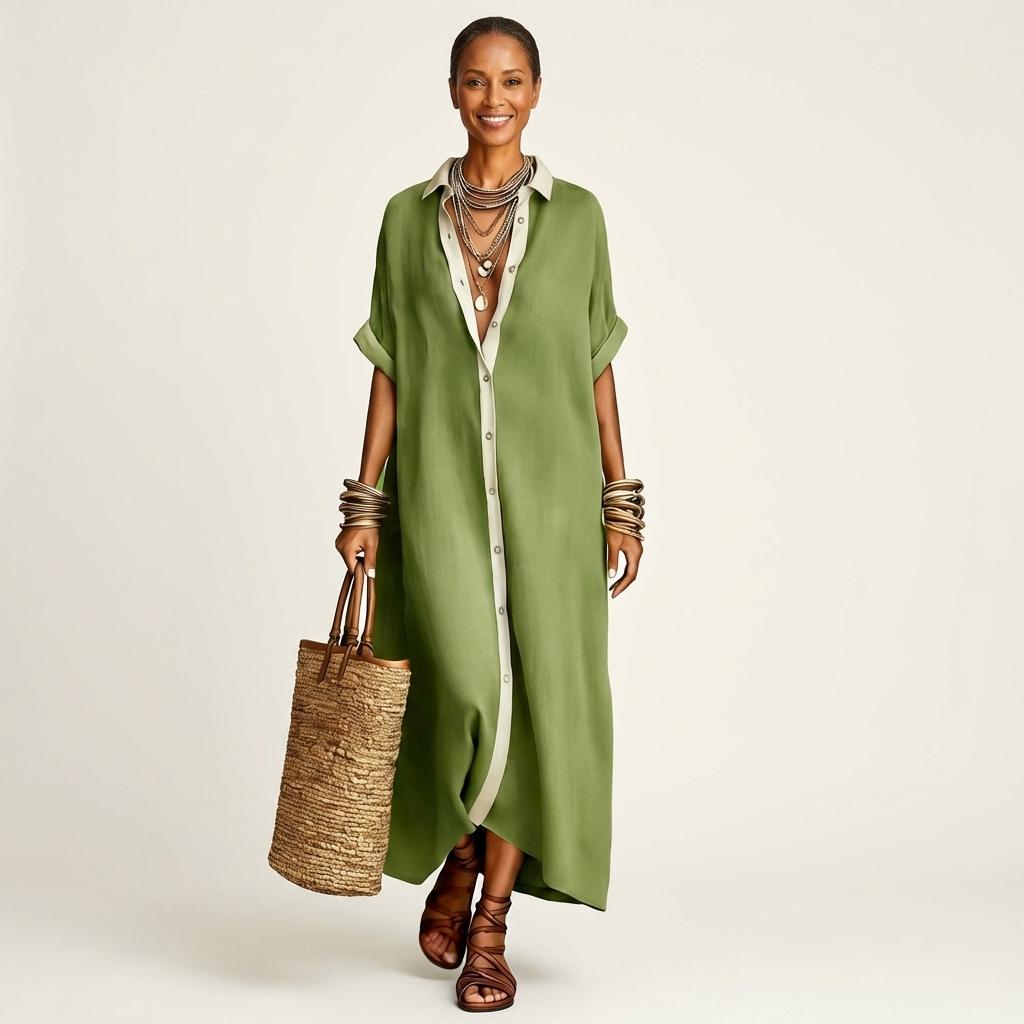 Kamira™ | Contrast-Collar Button-Front Short-Sleeve Maxi Shirt Dress