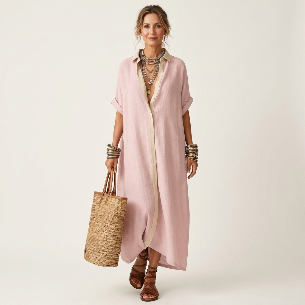 Kamira™ | Contrast-Collar Button-Front Short-Sleeve Maxi Shirt Dress