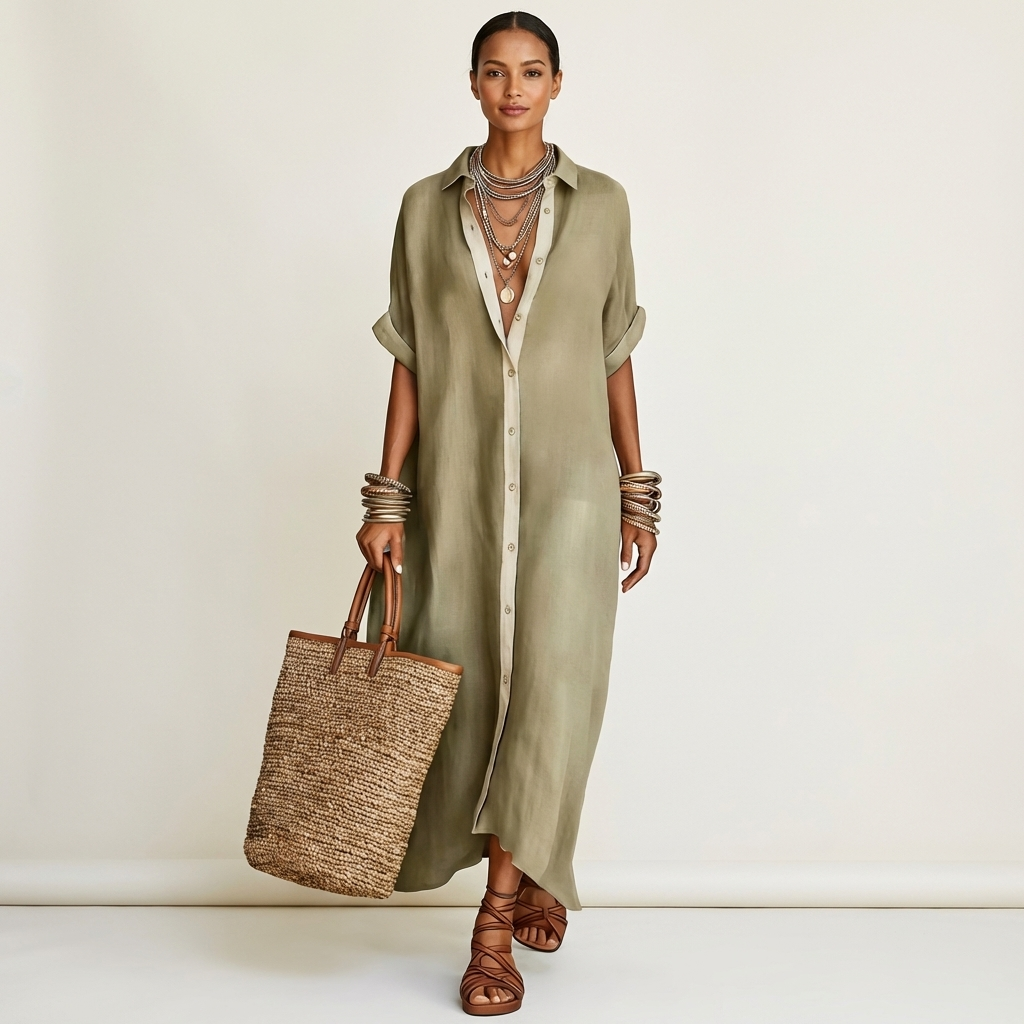 Kamira™ | Contrast-Collar Button-Front Short-Sleeve Maxi Shirt Dress