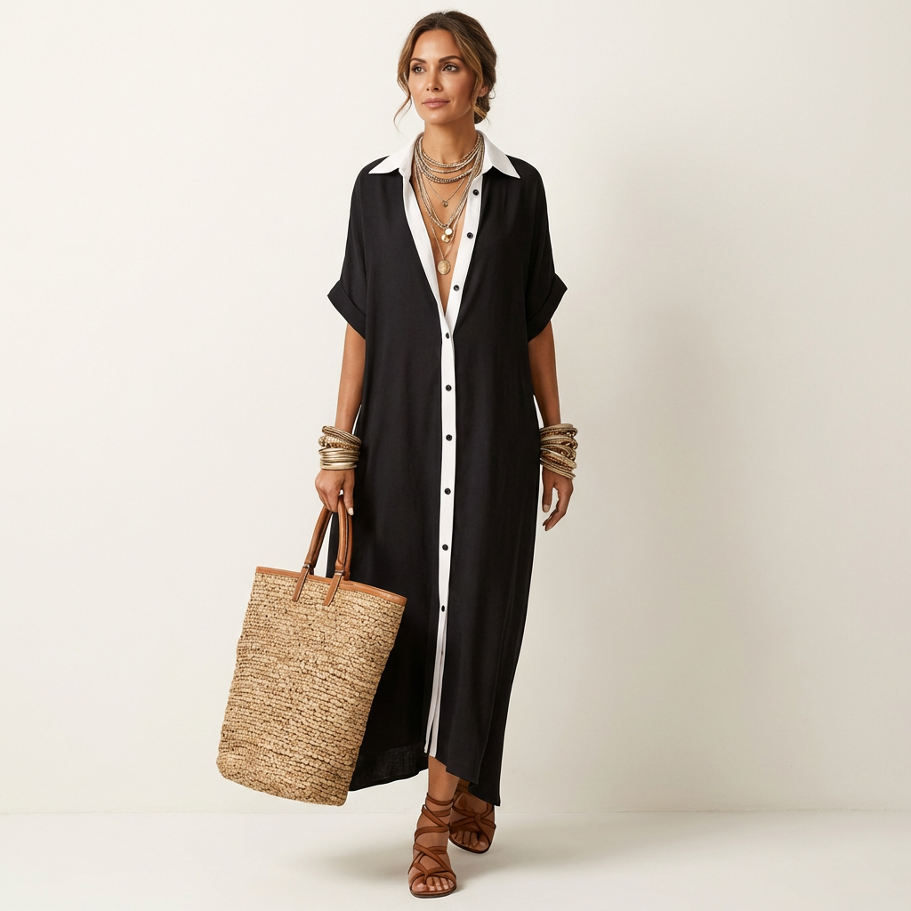 Kamira™ | Contrast-Collar Button-Front Short-Sleeve Maxi Shirt Dress