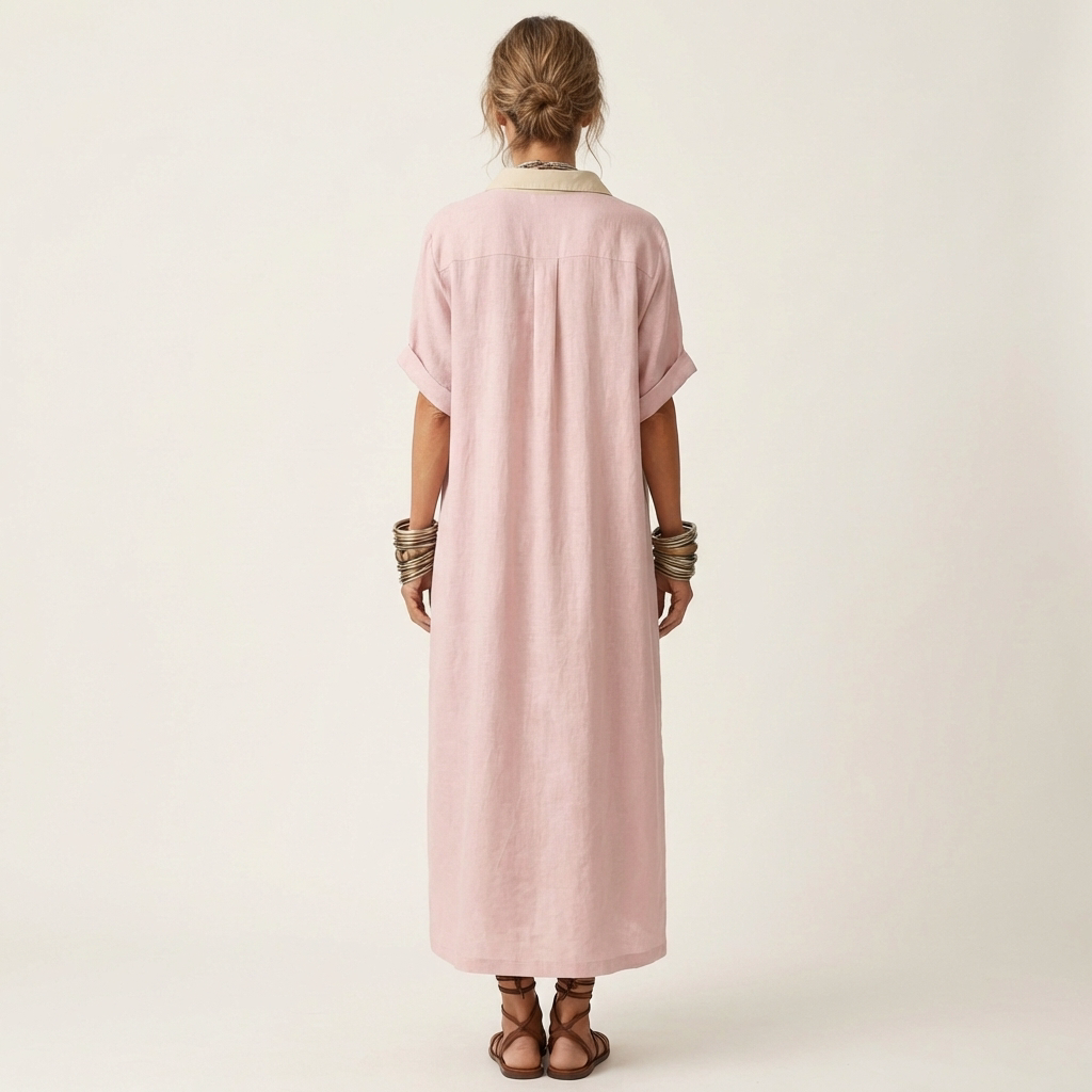 Kamira™ | Contrast-Collar Button-Front Short-Sleeve Maxi Shirt Dress
