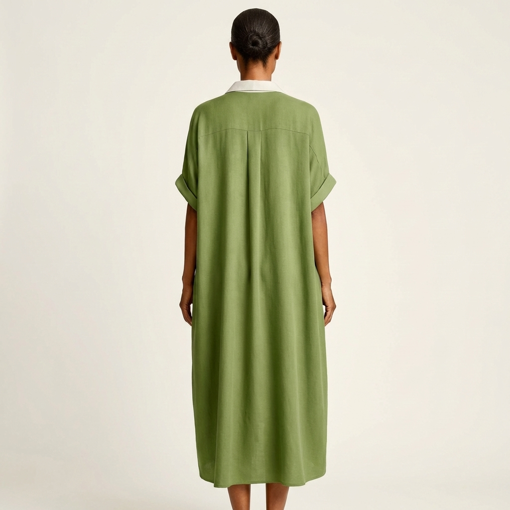 Kamira™ | Contrast-Collar Button-Front Short-Sleeve Maxi Shirt Dress