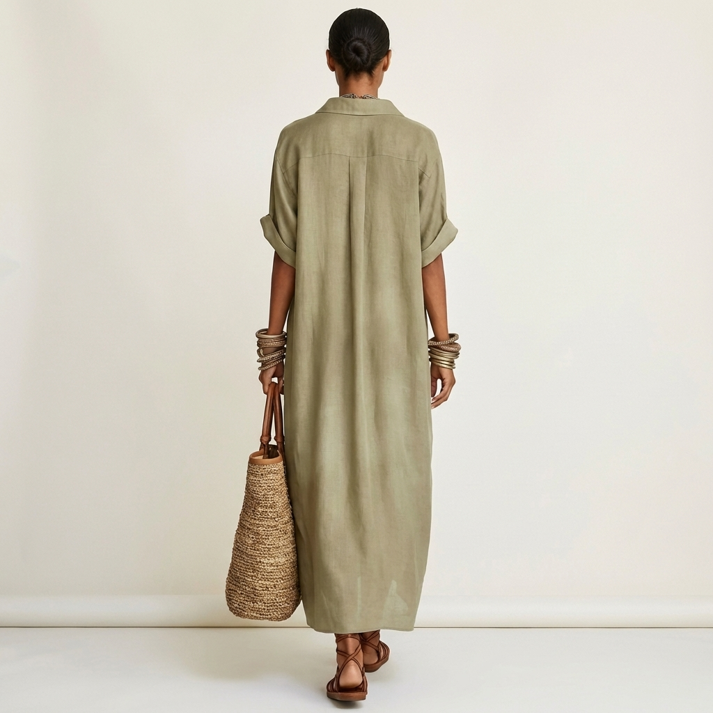 Kamira™ | Contrast-Collar Button-Front Short-Sleeve Maxi Shirt Dress