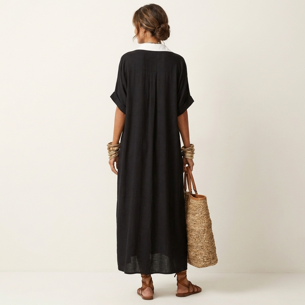 Kamira™ | Contrast-Collar Button-Front Short-Sleeve Maxi Shirt Dress